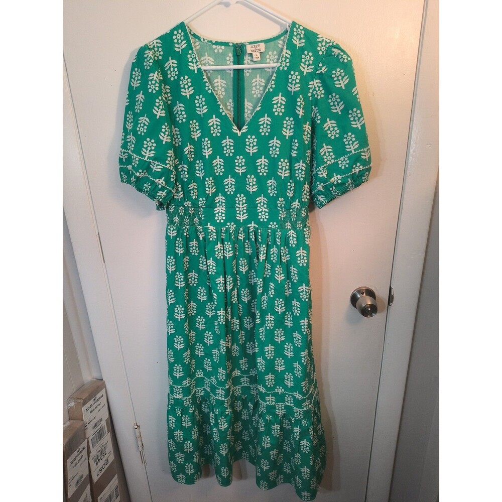 J.CREW Green Floral Block Print Puff Sleeve Tiered Midi Dress Size 10 Smocked